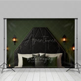 Aperturee Aperturee Elegant Black Tufted Headboard Photography Backdrop Dark Green Wall with Sconces Modern Luxury Bedroom Decor